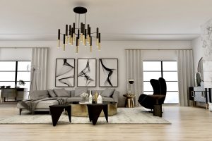 Modern living room with black and gold accents.